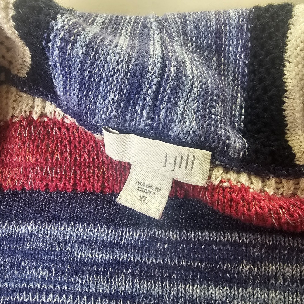 J. Jill Cardigan Sweater XL Blue Pink Striped Shawl Collar Button Front Grandma - Picture 4 of 8